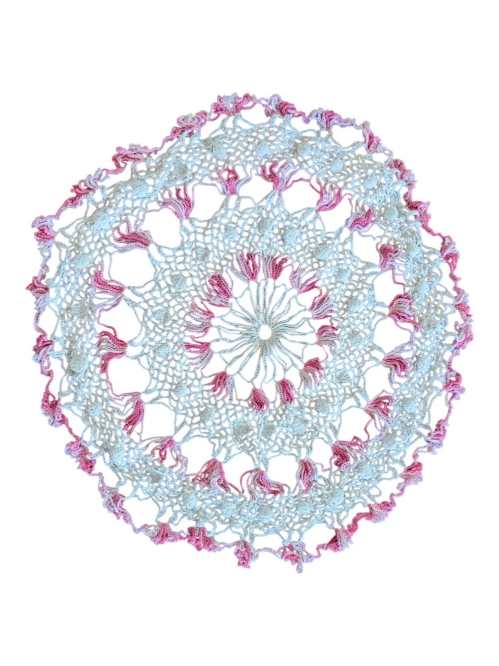 Handmade Crochet Round Doily - Pink & White